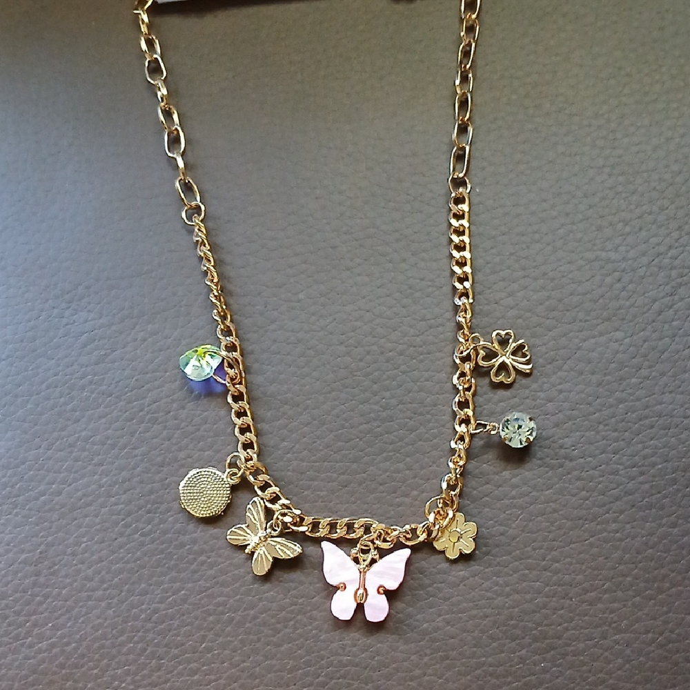 Mint Gold Necklace with Pink Butterfly and Charms - Picture 4 of 6
